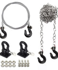Beefy RC Trailer Tow Hook Chain Shackle Set With Rope Winch Accessory For 1/10 Scale Crawlers featuring hooks, chains, and fittings.