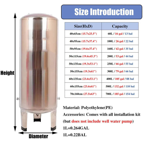 Heavy Hitter Stainless Steel Water Storage Tank 105 Gallon Home Pressurized Expansion Vessel with size details and specifications.