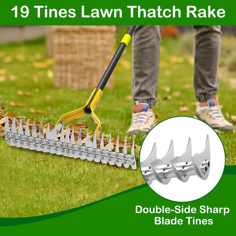 Thatch Rake For Lawns 15 Inch Dethatcher With Heavy Duty Steel Tines Removes Dead Grass and Thatch Improves Aeration