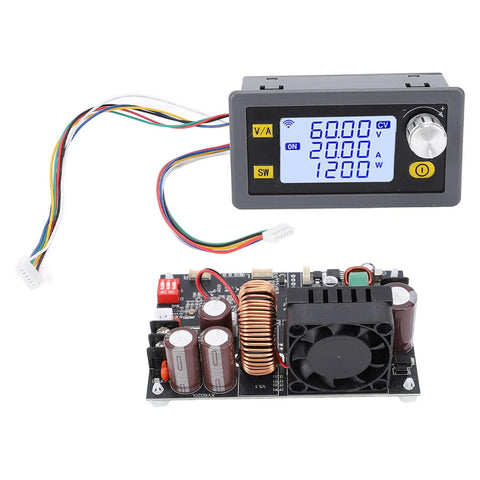 Pro Grade CNC Adjustable DC Power Supply 0-60V 20A 1200W With LCD Display, showing fan and colored wiring