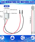 Bulk 50 Pack 130 Mini DC Motors With Wire Leads For Fans Robotics Drones Tiny Electronics Model Cars And DIY Projects 1V To 6V Type 130 Micro Motors Ideal For Hobbyists And Makers showing motor dimensions and wires.