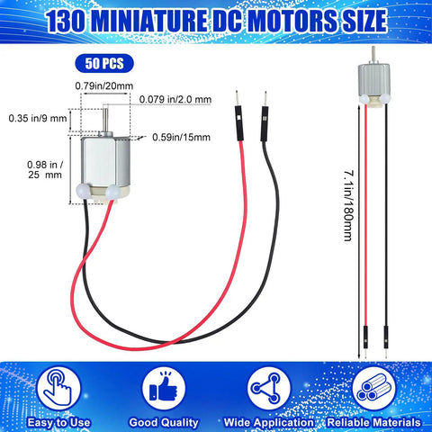 Bulk 50 Pack 130 Mini DC Motors With Wire Leads For Fans Robotics Drones Tiny Electronics Model Cars And DIY Projects 1V To 6V Type 130 Micro Motors Ideal For Hobbyists And Makers showing motor dimensions and wires.