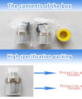 Lead-Free RV Faucet Adapter 1/2 to 3/8 Reducer, stainless steel, two adapters in packaging with yellow tape, close-up