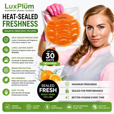 Woman holding Ten Pack Long Lasting Orange Scent Urinal Screens Deodorizers With Splash Control Tech in packaging, promotional text visible