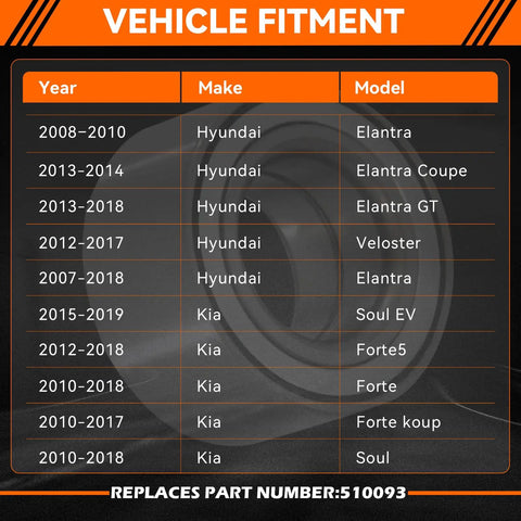 Vehicle fitment chart for Plug And Play Front Wheel Bearing Hub Assembly For Hyundai Elantra 2007 2018 Left Right Driver Passenger Side Easy Bolt On Direct Swap Oem 510093.