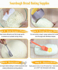 Sourdough Bread Baking Supplies: Bowl Scraper, Dough Scraper, Bread Lame, Silicone Brush in use for perfect artisan loaves.