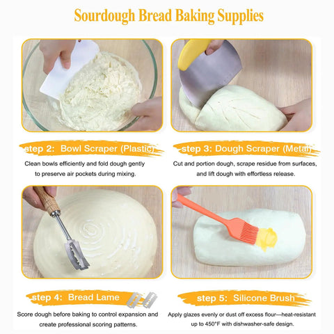 Sourdough Bread Baking Supplies: Bowl Scraper, Dough Scraper, Bread Lame, Silicone Brush in use for perfect artisan loaves.