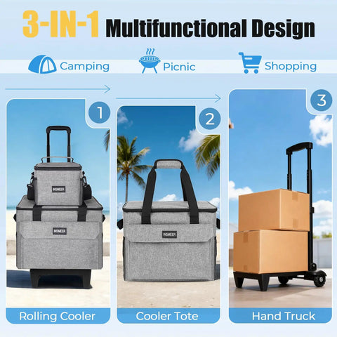 Rolling Cooler With Mini Lunch Bag 50 Can Capacity Collapsible Hard Liner With Wheels 3-in-1 design for camping, picnic, shopping