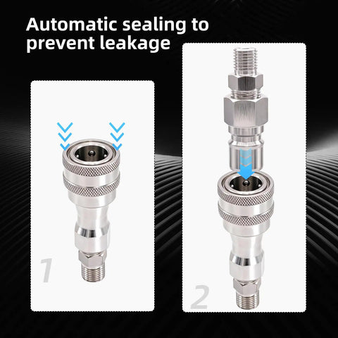 Two Pack M14 to M16 Heavy Duty Hydraulic Quick Connect Adapters for AGT Mini Excavator Hose showcasing automatic sealing feature.