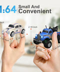 1:64 scale RC trucks held in fingers showing size comparison, highlighting small and convenient design for indoor play