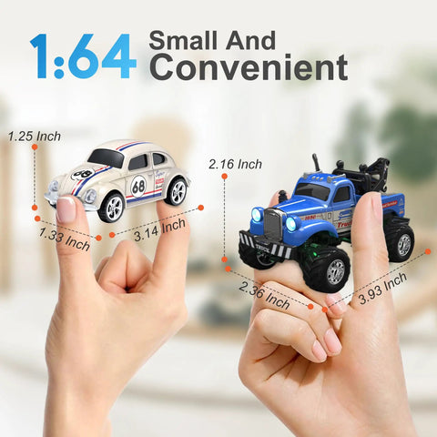 1:64 scale RC trucks held in fingers showing size comparison, highlighting small and convenient design for indoor play