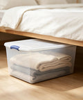 Ginormous 105 Quart Clear Storage Bin With Blue Secure Latch Heavy Duty Plastic Tote For Bulky Seasonal Gear And Bedding under bed with folded blankets