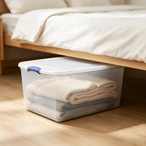 Ginormous 105 Quart Clear Storage Bin With Blue Secure Latch Heavy Duty Plastic Tote For Bulky Seasonal Gear And Bedding under bed with folded blankets