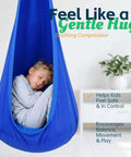 Child resting in blue Indoor Outdoor Sensory Pod Swing Chair For Kids And Adults 72 Inch High 32 Inch Wide Cozy Inflatable Cushion