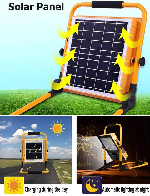 Rugged Rechargeable Led Work Flood Light With Solar Panel And IP65 Weatherproof Design Kickin Brightness Dusk To Dawn Auto Sensor For Camping Yard Or Job Site 50 Watt Plug And Play Setup solar panel charging