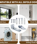 2 Pack Bifold Door Hardware Repair Kit for Folding Closet Doors with pivots, guide wheels, brackets, screws displayed with four door types.