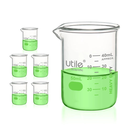 50ml Beaker Shot Glasses Set, Heavy Duty Borosilicate 3.3 Glass, 5 Pack with Spouted Beakers and Double Scaled Graduation Marks