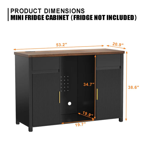 Big Home Bar Cabinet With Built In Fridge Space Fits Most Mini Fridges Modern Fluted Buffet Sideboard Table 53.2 Inches Long