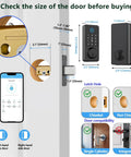 Diagram showing installation details of Keyless Entry Door Lock with Fingerprint and Touchscreen Keypad. Includes measurements and compatibility.