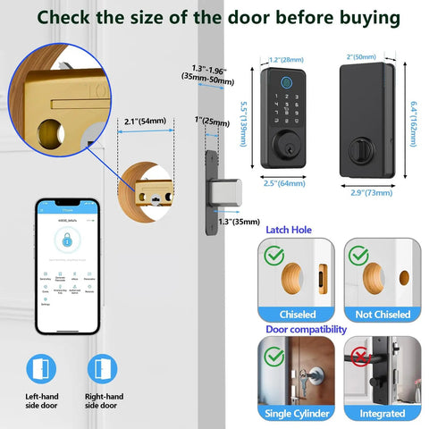 Diagram showing installation details of Keyless Entry Door Lock with Fingerprint and Touchscreen Keypad. Includes measurements and compatibility.