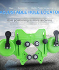 Image of Pro Grade Adjustable Tile Hole Cutter Centering Locator Jig with dual vacuum suction bases on ceramic tile surface.