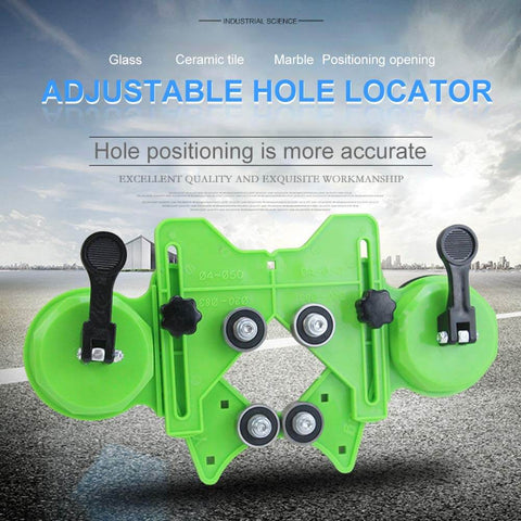 Image of Pro Grade Adjustable Tile Hole Cutter Centering Locator Jig with dual vacuum suction bases on ceramic tile surface.