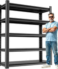 Heavy Duty Five Shelf Metal Garage Storage Rack 48W 24D 72H For Tools And Gear, black steel shelf with man standing beside it