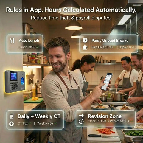 Boss Approved App Synced Fingerprint Time Clock with chefs working in a kitchen, showcasing break tracking features.