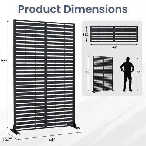 Metal Outdoor Privacy Screen 6 Foot Tall Freestanding Privacy Fence dimensions with 72 inch height, 44 inch width, and stable base.