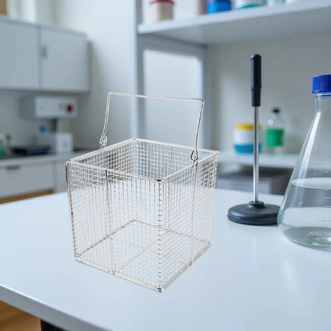 Stainless Steel Ultrasonic Parts Cleaner Basket With Swinging Handle Heavy Duty High Temperature Resistant Open Mesh Design For Jewelry Small Hardware And Delicate Laboratory Items Cleaning At Home, square