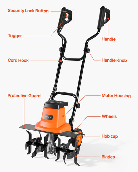 Diagram of Corded Electric Tiller With 18 Inch Tilling Width, 13.5 Amp Heavy Duty Rototiller Cultivator With Steel Tines shown