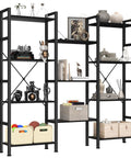 Black Triple Column 4 Tier Bookshelf With Adjustable Shelves, showcasing various decor items and books in a home office setting.