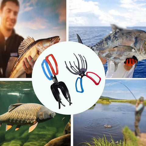 Two Pack 3 Claw Metal Fish Gripper Pliers Grabber Tool Secure Non Piercing Grip For Freshwater Fish displayed with fishing scenes.