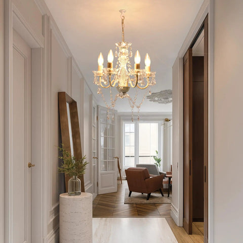 Plug In Four Light White Acrylic Crystal Chandelier With 20 Ft Cord No Hardwire Dope Modern Ceiling Pendant in hallway view