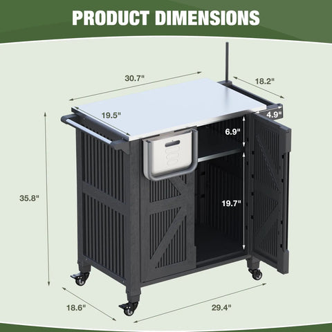 Outdoor Grill Cart With Stainless Steel Top, Rolling Utility Station, 2 Tier Storage Cabinet, dimensions shown