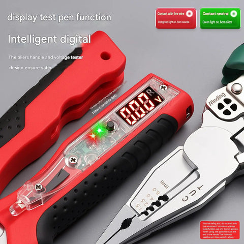 Premium Wiring Organization Tester Pliers With Type C Charging And NCV Detection, red handle, digital display, ergonomic design for electrical repairs.