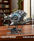 Side view of Myth Qholve Mechanical Piranha Building Block Kit with hand crank gear system, multi-joint motion, dimensions shown.