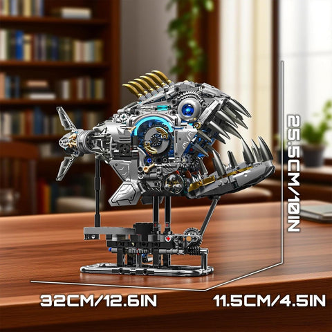 Side view of Myth Qholve Mechanical Piranha Building Block Kit with hand crank gear system, multi-joint motion, dimensions shown.