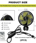 Two Pack Usb Car Seat Fans For A Chill Backseat Vibe With 360 Degree Rotatable Rear Cooling Blower And Three Adjustable Speeds to show dimensions and USB power connection.