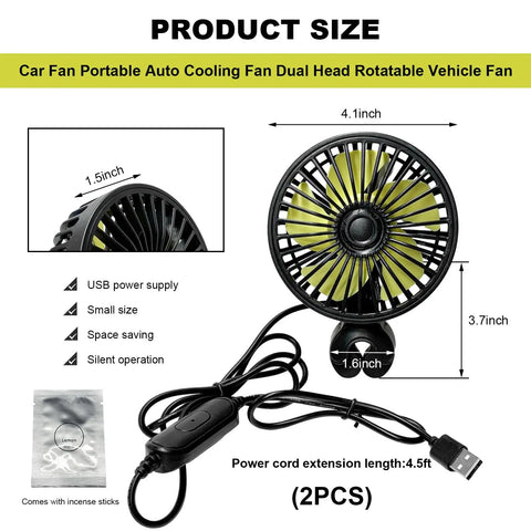 Two Pack Usb Car Seat Fans For A Chill Backseat Vibe With 360 Degree Rotatable Rear Cooling Blower And Three Adjustable Speeds to show dimensions and USB power connection.