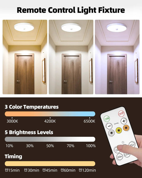 Hassle Free Plug and Play Motion Sensor Ceiling Light 2 Pack 400 Lumens Super Bright Tri Color Dimming Wireless Flush Mount With Sleek Remote Zero Drilling Quick Snap Setup For Closets