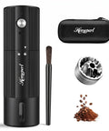 Straight Up Fast Electric Burr Coffee Grinder With Heavy Duty Stainless Steel Blades Cordless Rechargeable Unit Designed For Pour Over Or Espresso Smooth Rapid Grinds Always On Point Matte Black Housing with brush and aluminum grinder.