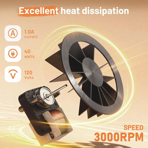 Pro Grade 50 CFM Bathroom Exhaust Fan With Pure Copper Motor, 2.0 Sones, 120V, showing components and excellent heat dissipation