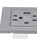 Heavy Duty Decora Outlet, 15A Dual Socket With Integrated USB C Port, sleek gray wall plate close-up view