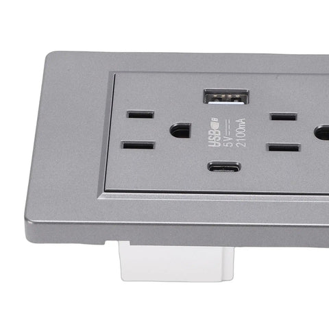 Heavy Duty Decora Outlet, 15A Dual Socket With Integrated USB C Port, sleek gray wall plate close-up view