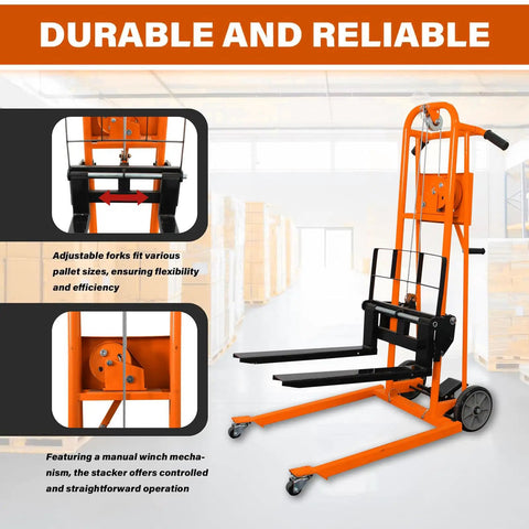Heavy Duty Manual Winch Material Lift Stacker, 500 Pound Capacity, Sweet 41 Inch Rise, No Sweat Compact Pallet Cart, Easy Roll Gear For Tight Warehouse And Garage Jobs