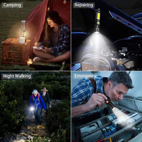 Rechargeable Tactical Flashlight With USB Magnetic Mount in use for camping, repairing, night walking, and emergency scenarios
