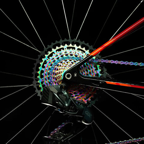12 Speed Cassette 52T Ultra Light XD Freehub Ready Rainbow Finish For MTB Bikes shown on a bike rear wheel close-up