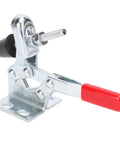 Super Cool Vertical Quick Release Clamp With Epic 30kg Grip For Welding And Heavy Duty Mechanical Work That Locks Tight And Keeps Jobs Secure No Slippage Allowed, showing galvanized steel clamp with red handle.
