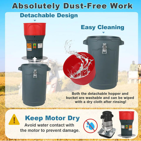 Electric Grain Mill Grinder components including detachable hopper and bucket with cleaning instructions, 15.8 gallons.